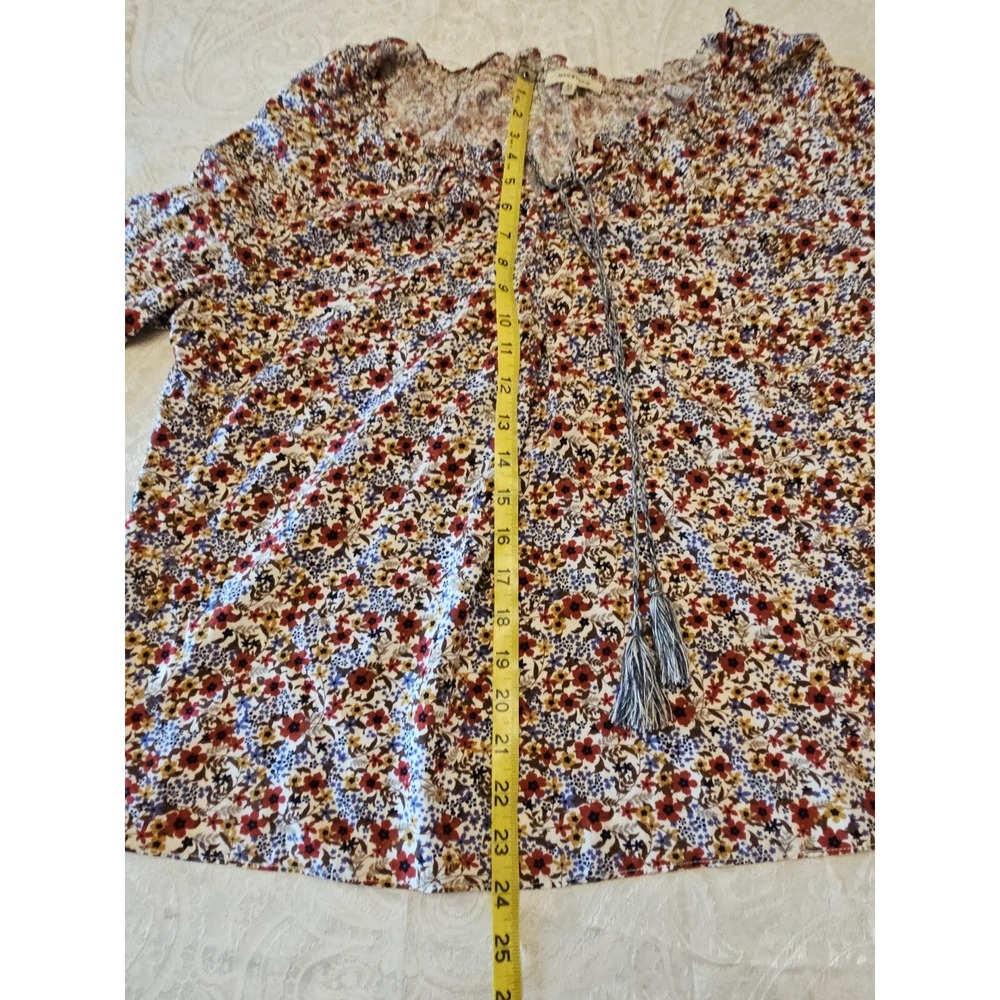 Max Studio Blouse Women M Floral Boho Puff Smocked Sleeve Tassels Flowy Prairie - Picture 16 of 16